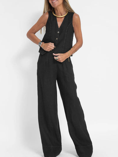 Mulga - Buttoned Vest & Wide-Leg Trousers Set