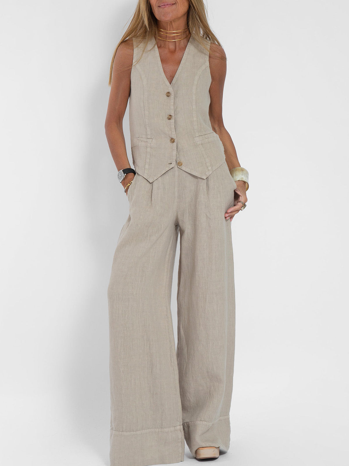Mulga - Buttoned Vest & Wide-Leg Trousers Set