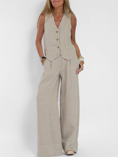 Mulga - Buttoned Vest & Wide-Leg Trousers Set