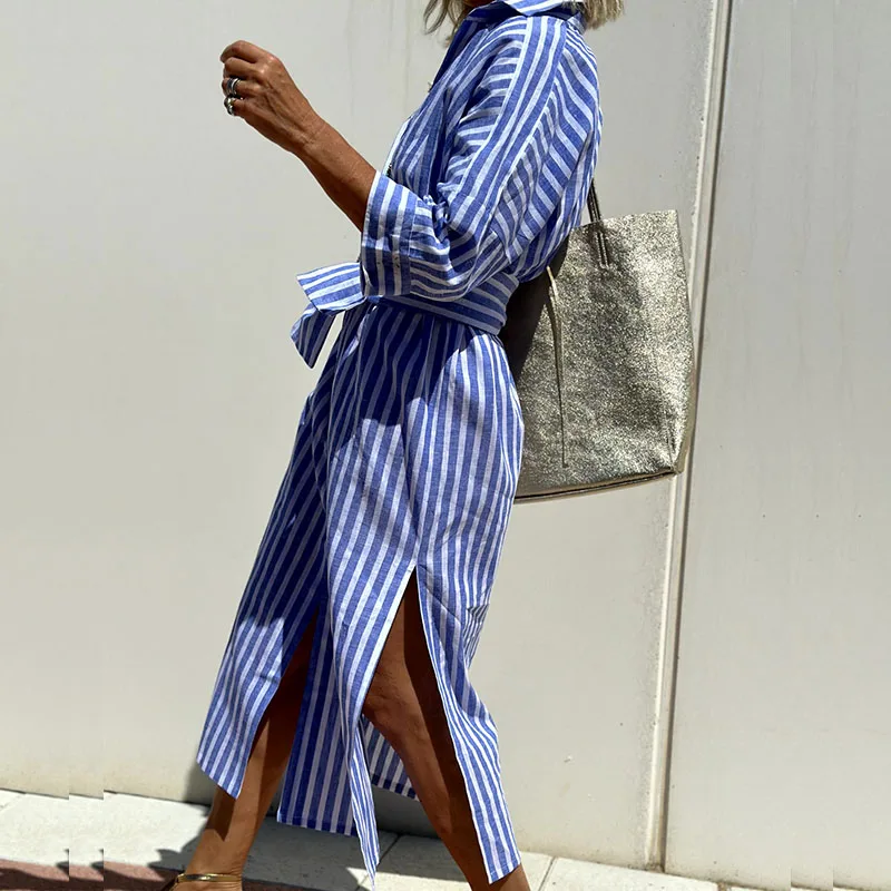Cherry - Elegant Striped Shirt Dress