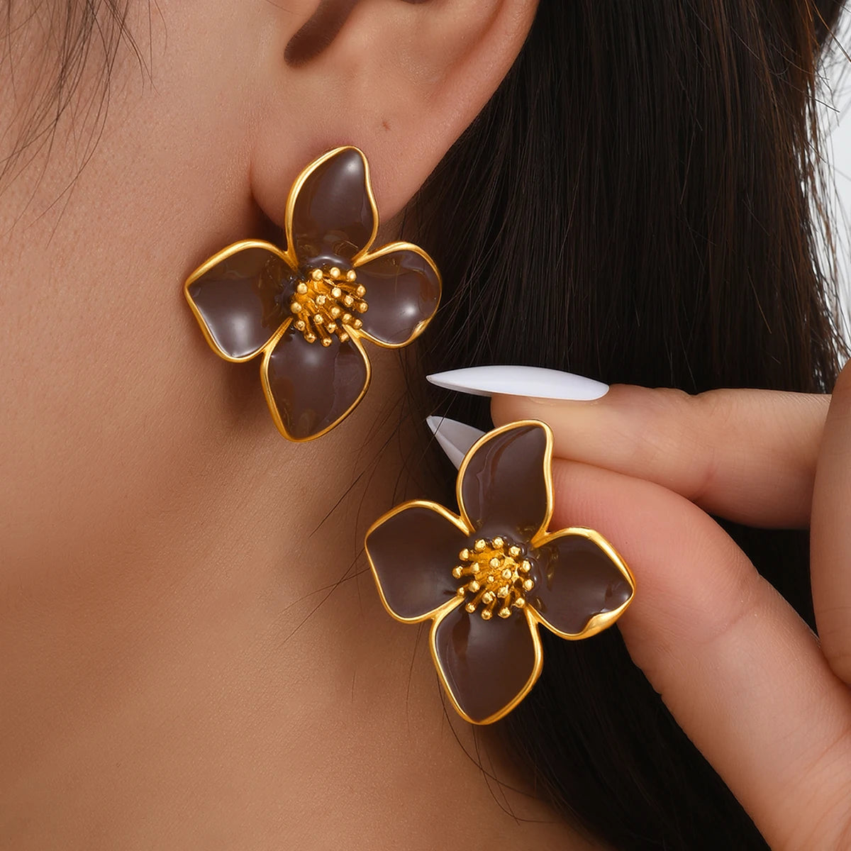 Brown Flowers - 3 Drip Oil Flower Earrings