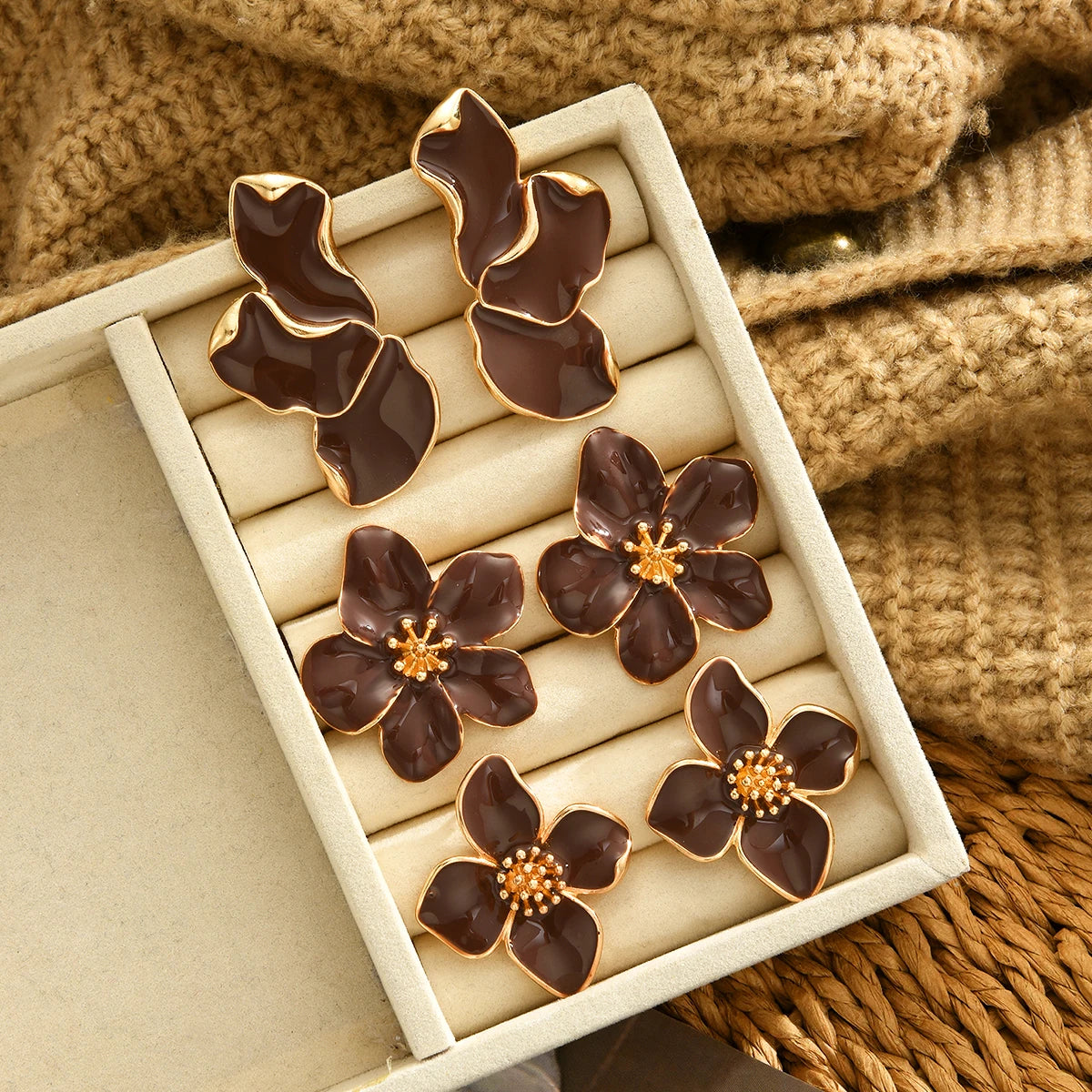 Brown Flowers - 3 Drip Oil Flower Earrings