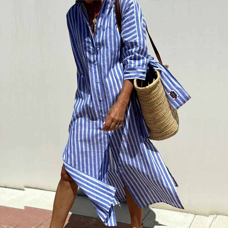 Cherry - Elegant Striped Shirt Dress
