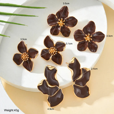 Brown Flowers - 3 Drip Oil Flower Earrings