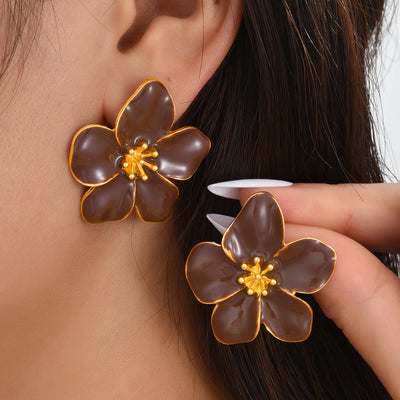 Brown Flowers - 3 Drip Oil Flower Earrings