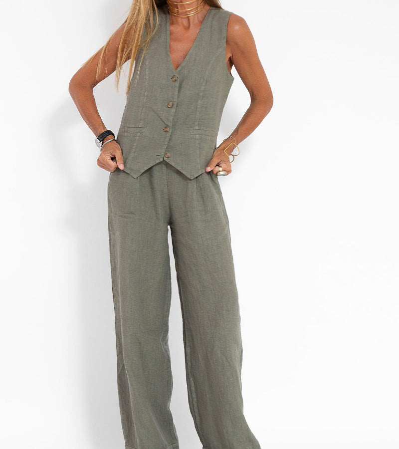 Mulga - Buttoned Vest & Wide-Leg Trousers Set
