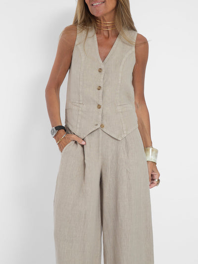 Mulga - Buttoned Vest & Wide-Leg Trousers Set