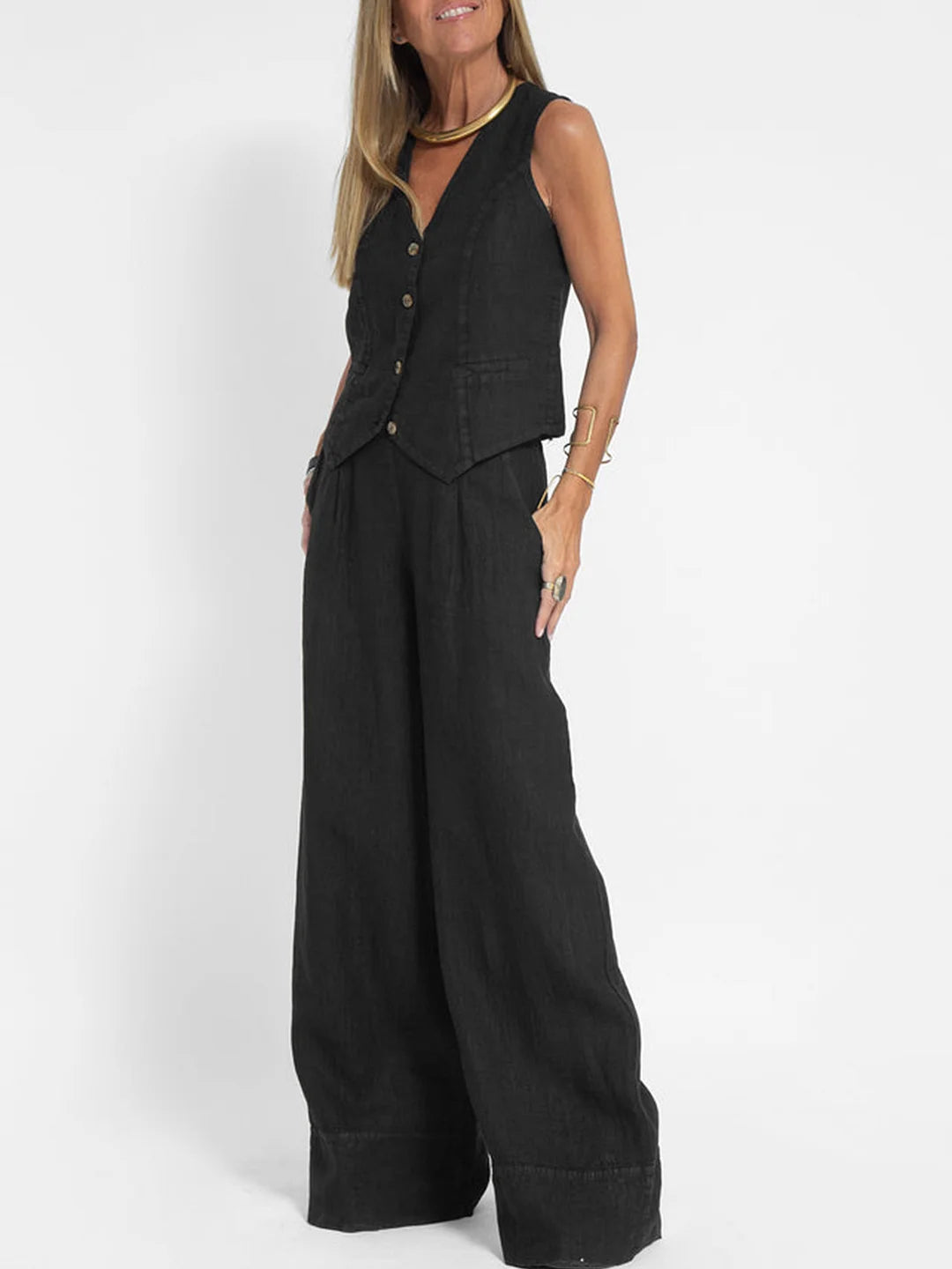 Mulga - Buttoned Vest & Wide-Leg Trousers Set