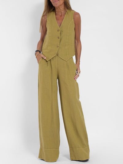 Mulga - Buttoned Vest & Wide-Leg Trousers Set