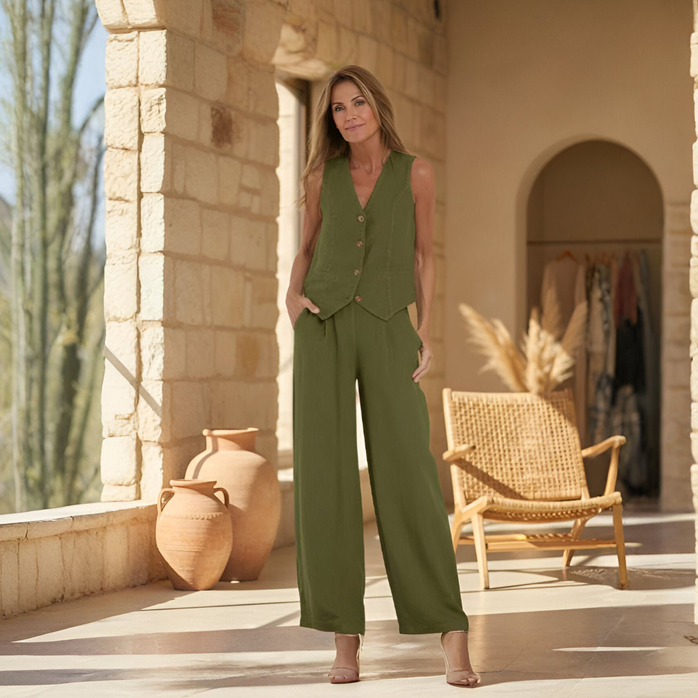 Mulga - Buttoned Vest & Wide-Leg Trousers Set